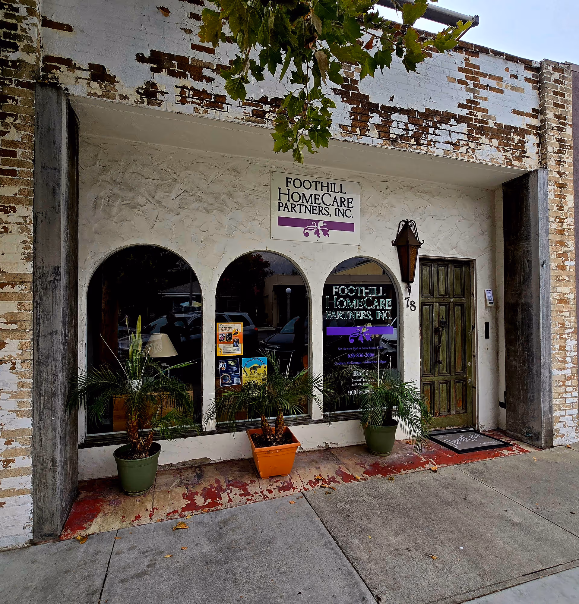 Exterior view of Foothill Homecare Partners storefront with arched windows and plants
