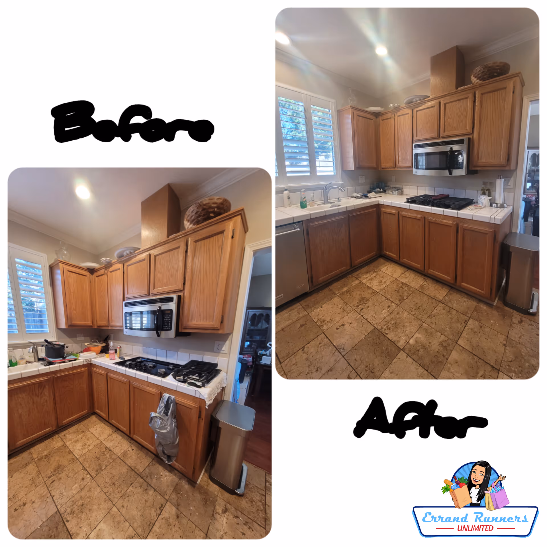 A kitchen collage with wooden cabinets and countertops labeled Before and After