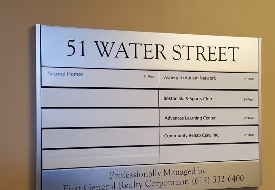 Directory sign listing tenants on 51 Water Street inside a hallway.