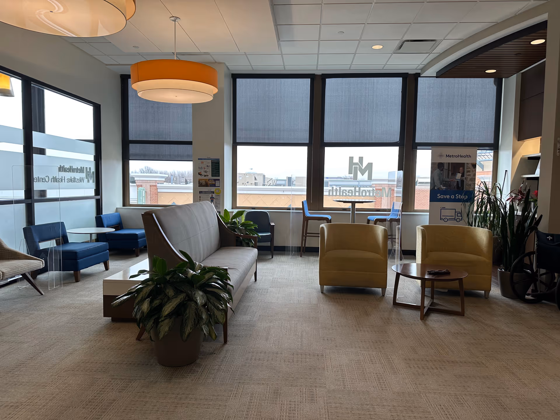 MetroHealth Westlake Health Center lobby with seating and large windows.