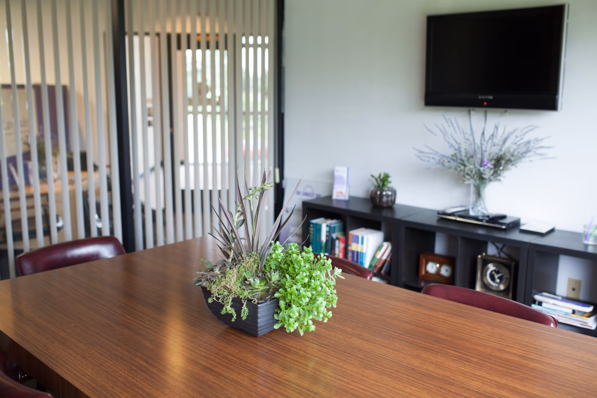 Conference-style interior with a wooden table, potted plant centerpiece, TV, and bookshelves.