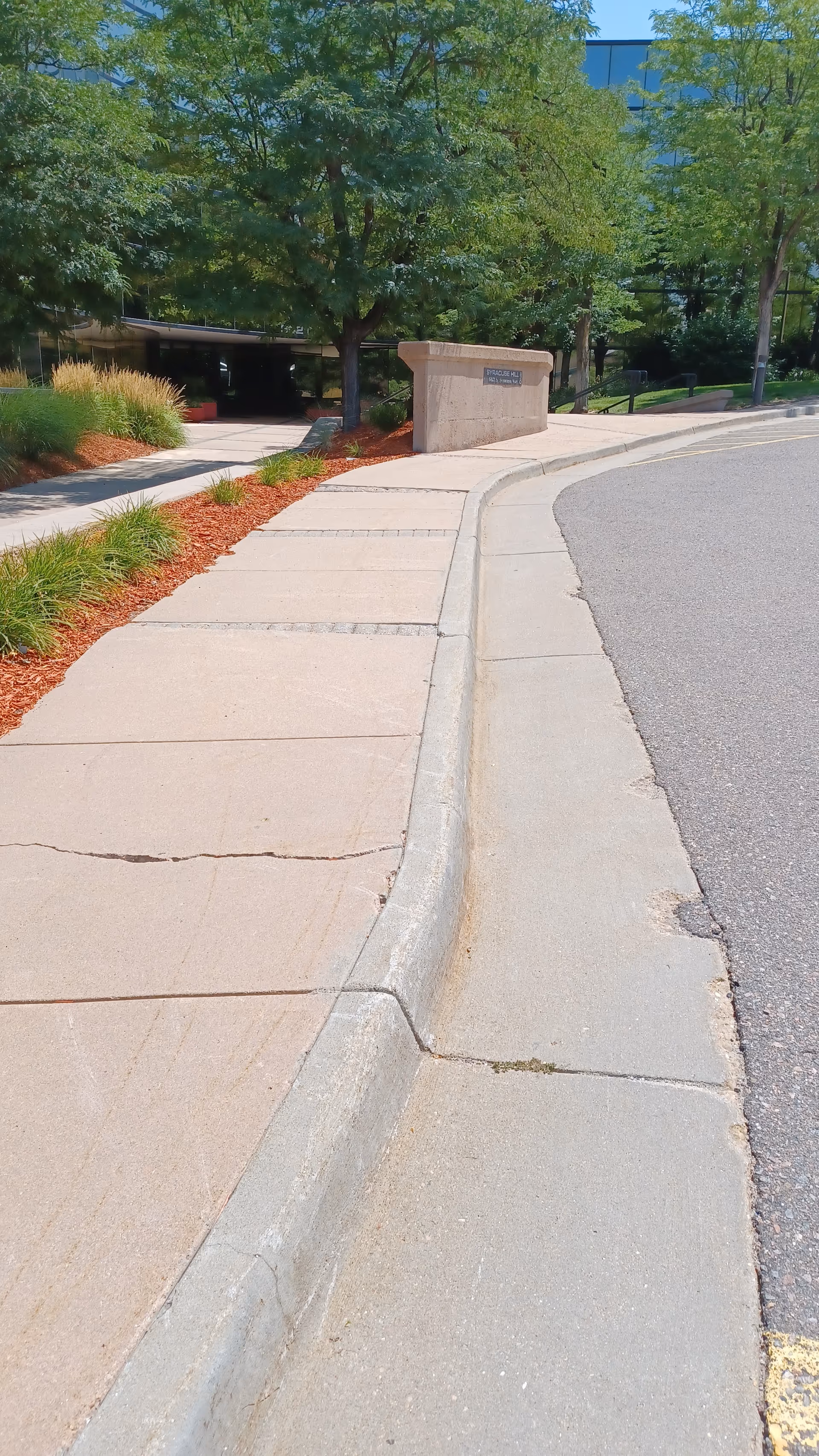 Curved concrete sidewalk with landscaped strips leads to a building entrance shaded by trees.
