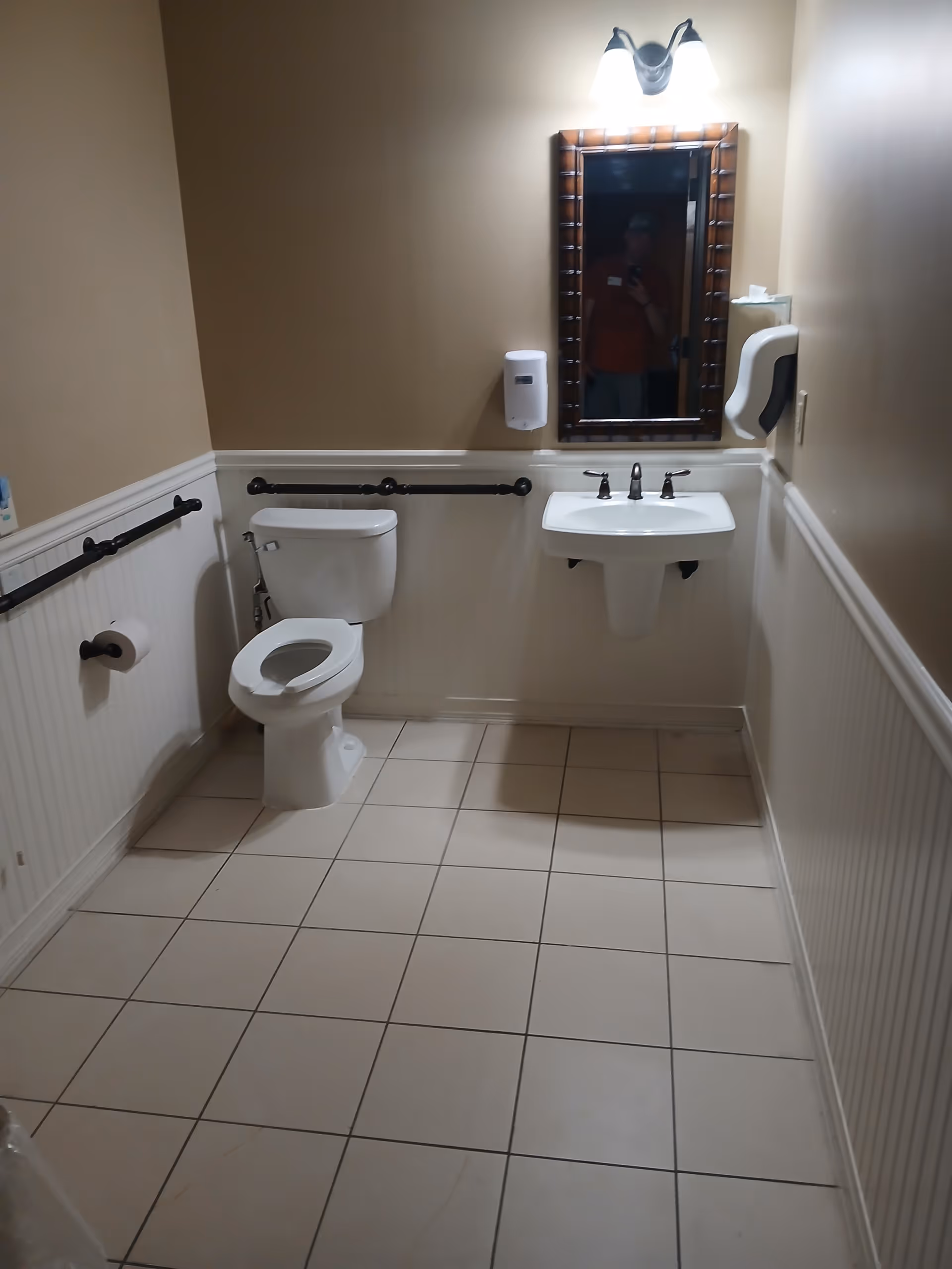 Accessible bathroom with toilet, sink, mirror, grab bars, and wall-mounted handrails.