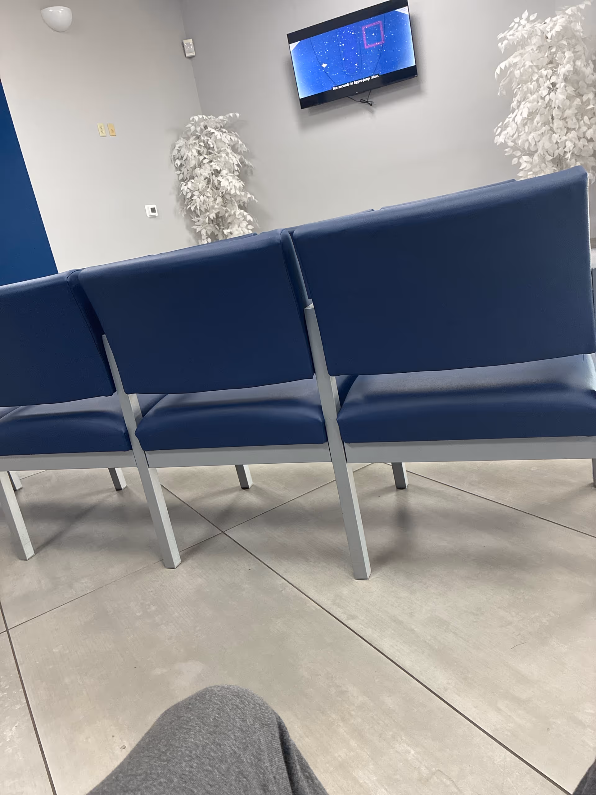 Blue cushioned chairs line a modern senior living facility waiting area with a wall-mounted TV.