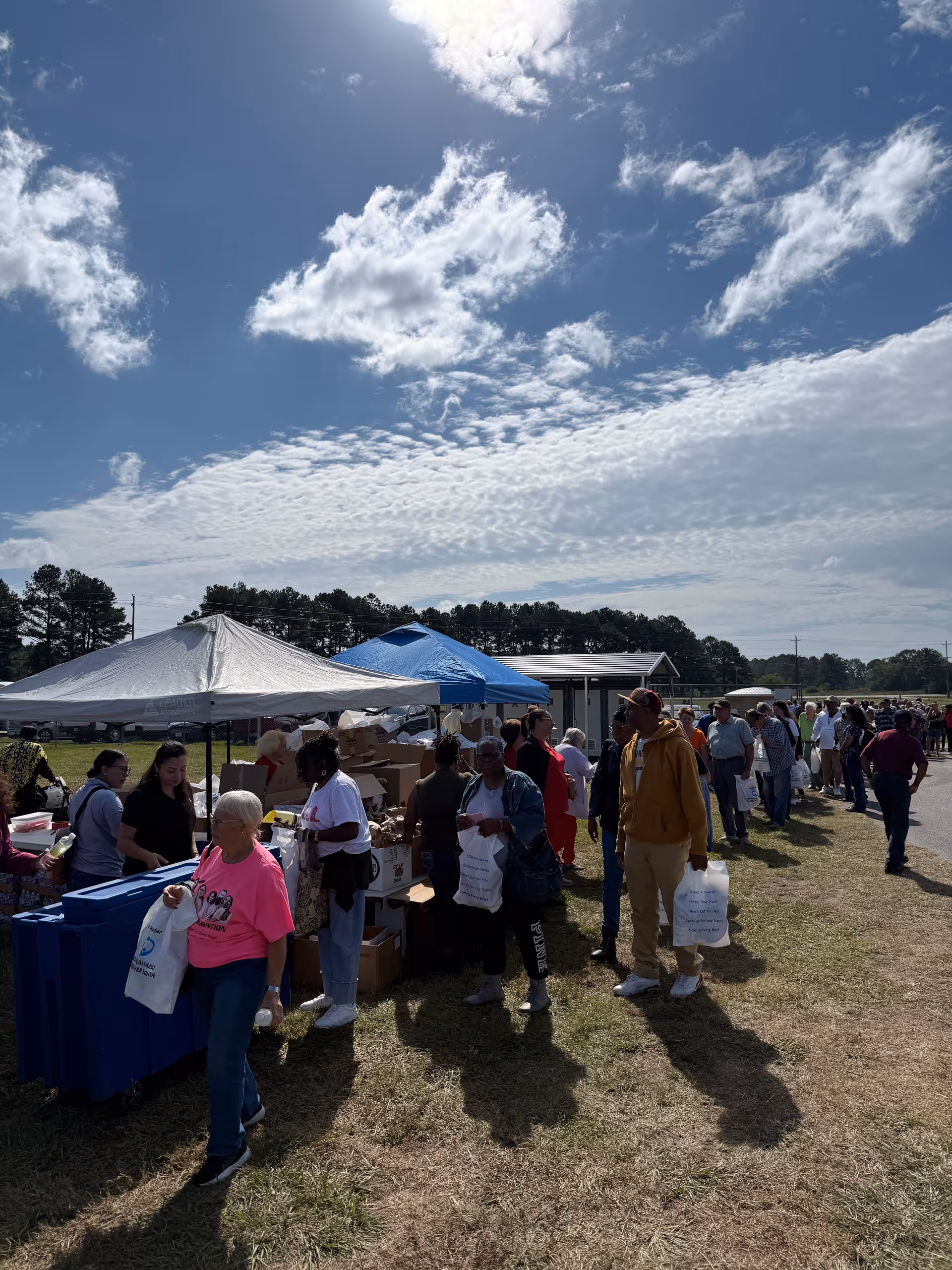Outdoor community event with people under tents and vendors on a sunny day.