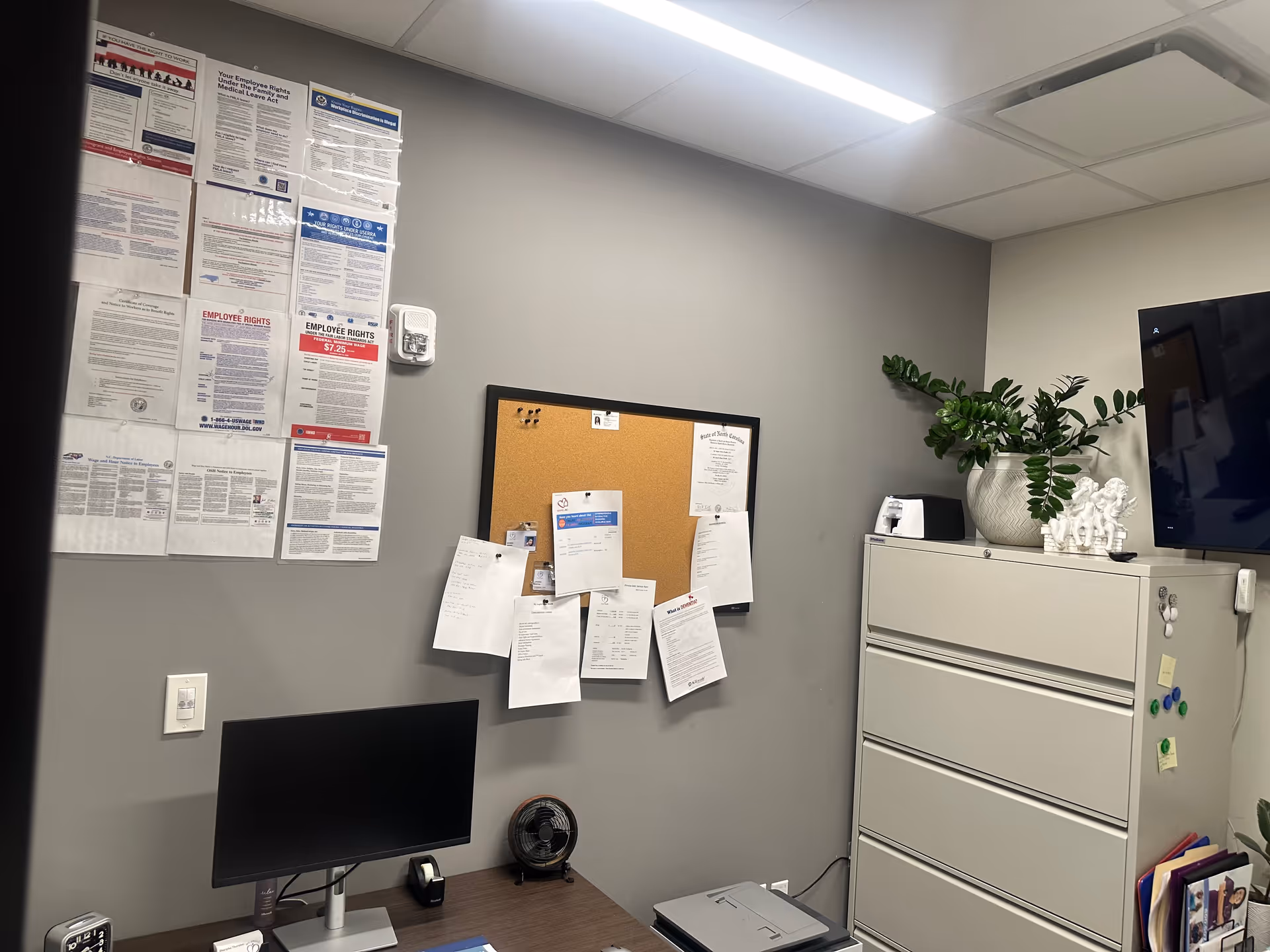 Office space with bulletin board, papers, computer, filing cabinet, and plant.