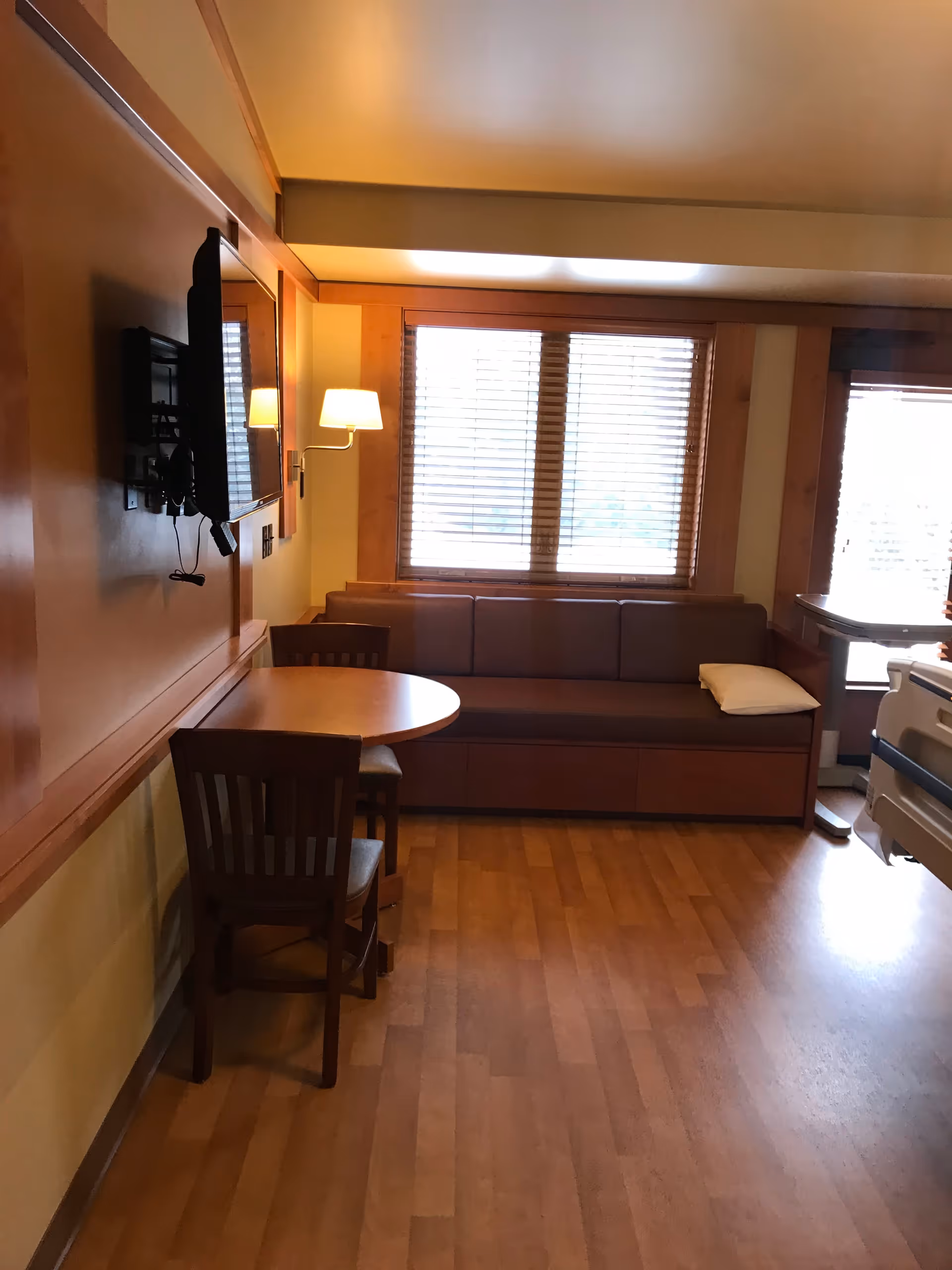 Interior living area with sofa, round table, chairs, TV, lamp, and hospital bed.