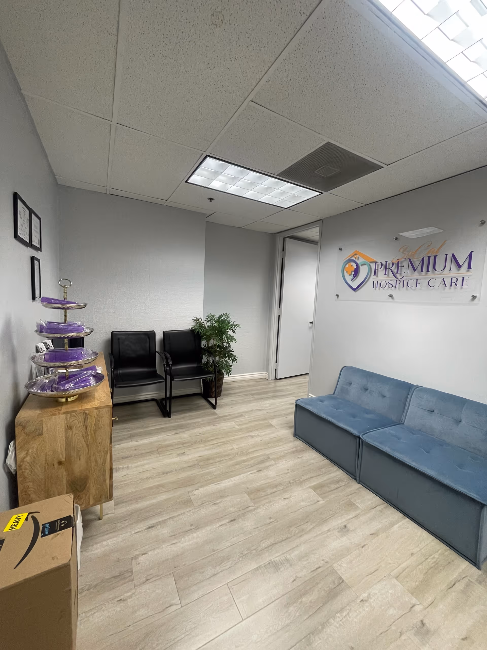 Interior waiting area with blue couch, black chairs, plant, and a premium hospice care sign.