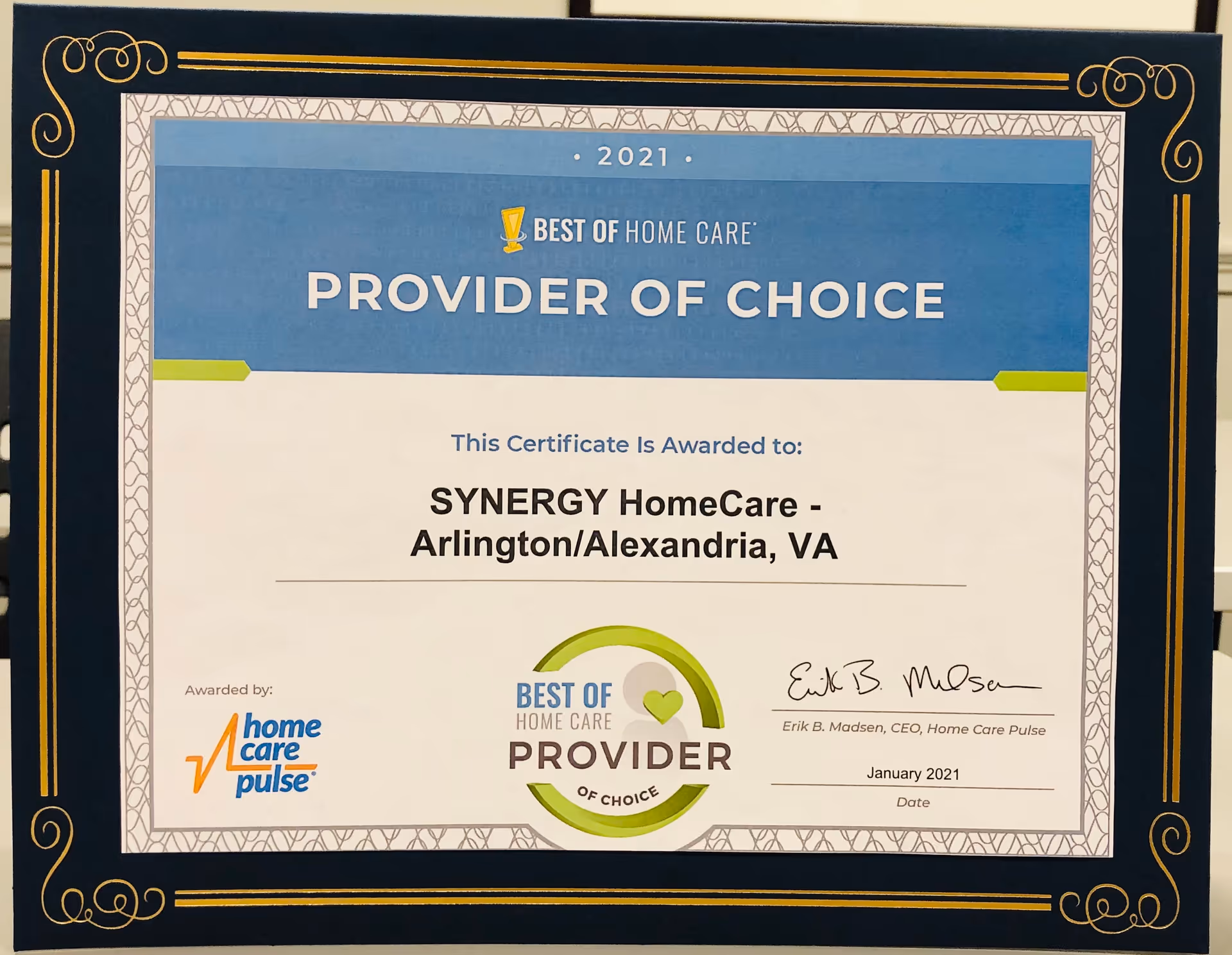 Framed Best of Home Care Provider of Choice certificate on a wall.