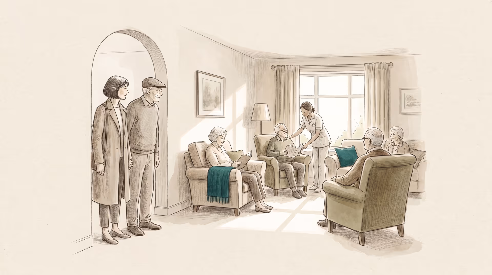 Sunlit, comfortable common room in a senior care home with armchairs, plants, and large windows