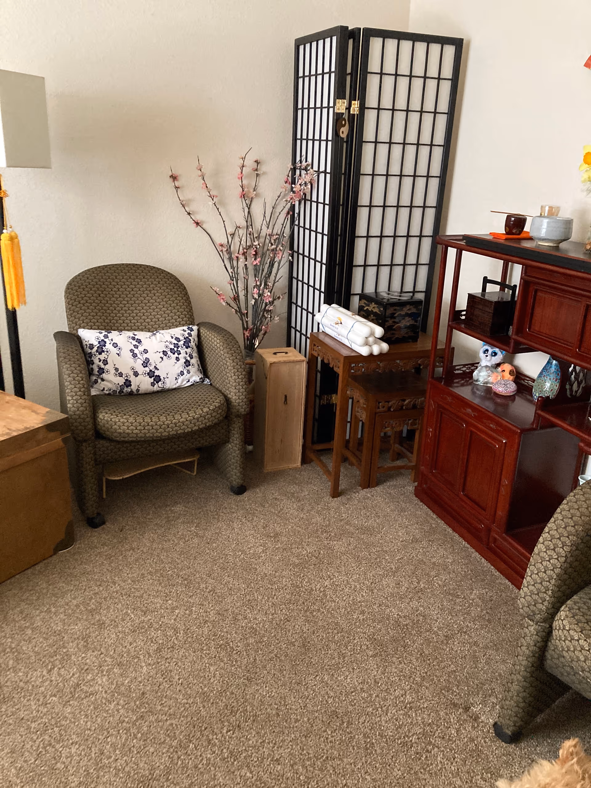 Cozy living room corner with chair, screen divider, and wooden storage cabinet.