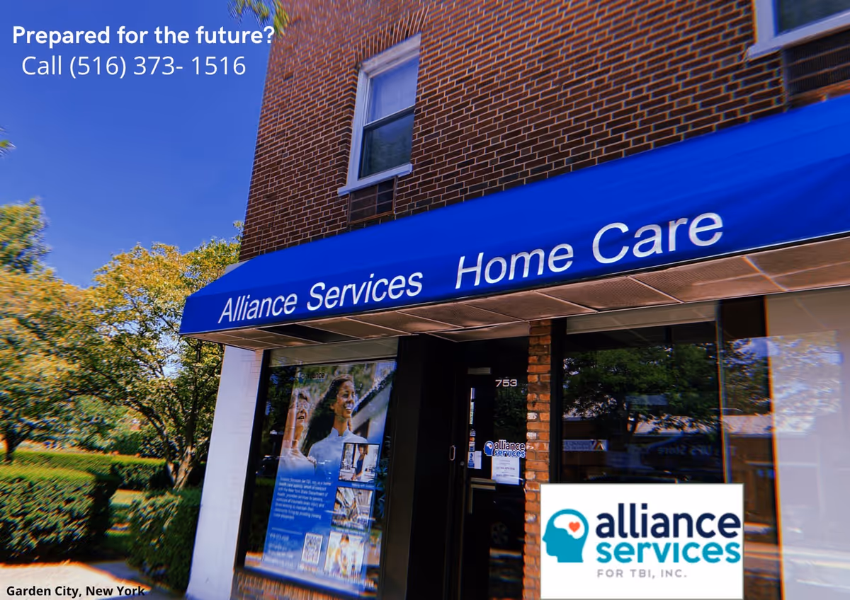 Brick building storefront with blue awning reading Alliance Services Home Care and glass doors.