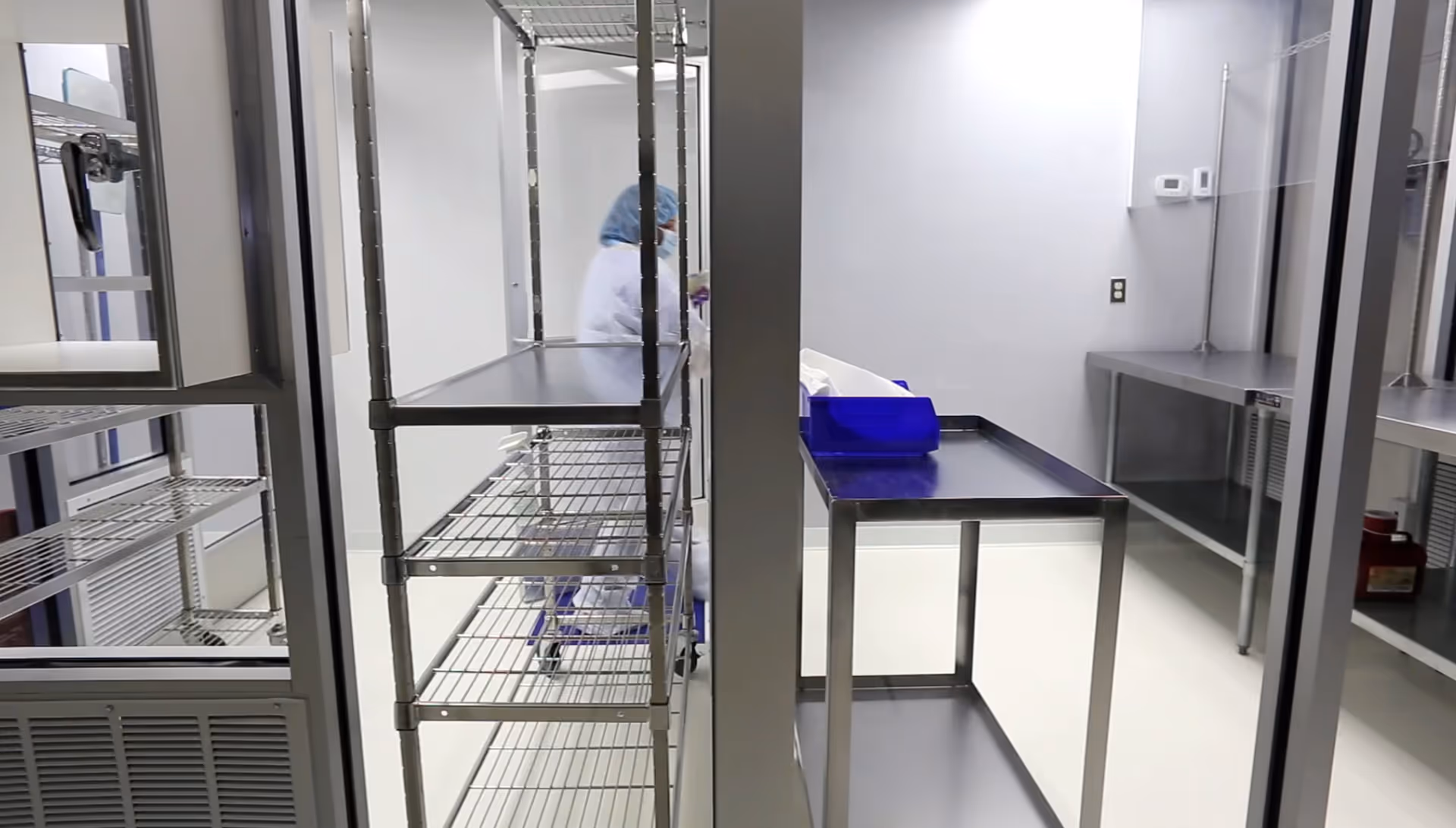 Sterile laboratory area with metal shelving, stainless tables, and a worker in PPE.