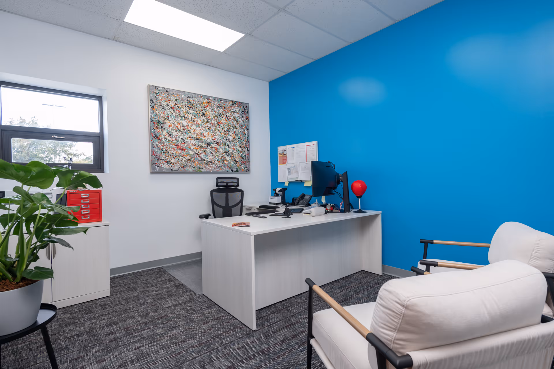 Bright office reception area with white desk, blue accent wall, couch, and plant.