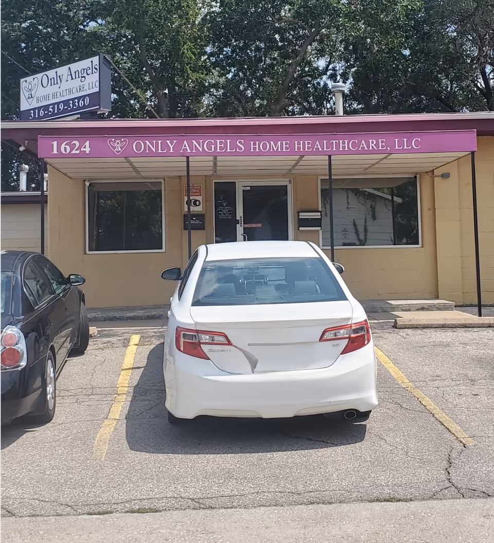 Front exterior of Only Angels Home Health Care LLC with purple canopy and parked cars.