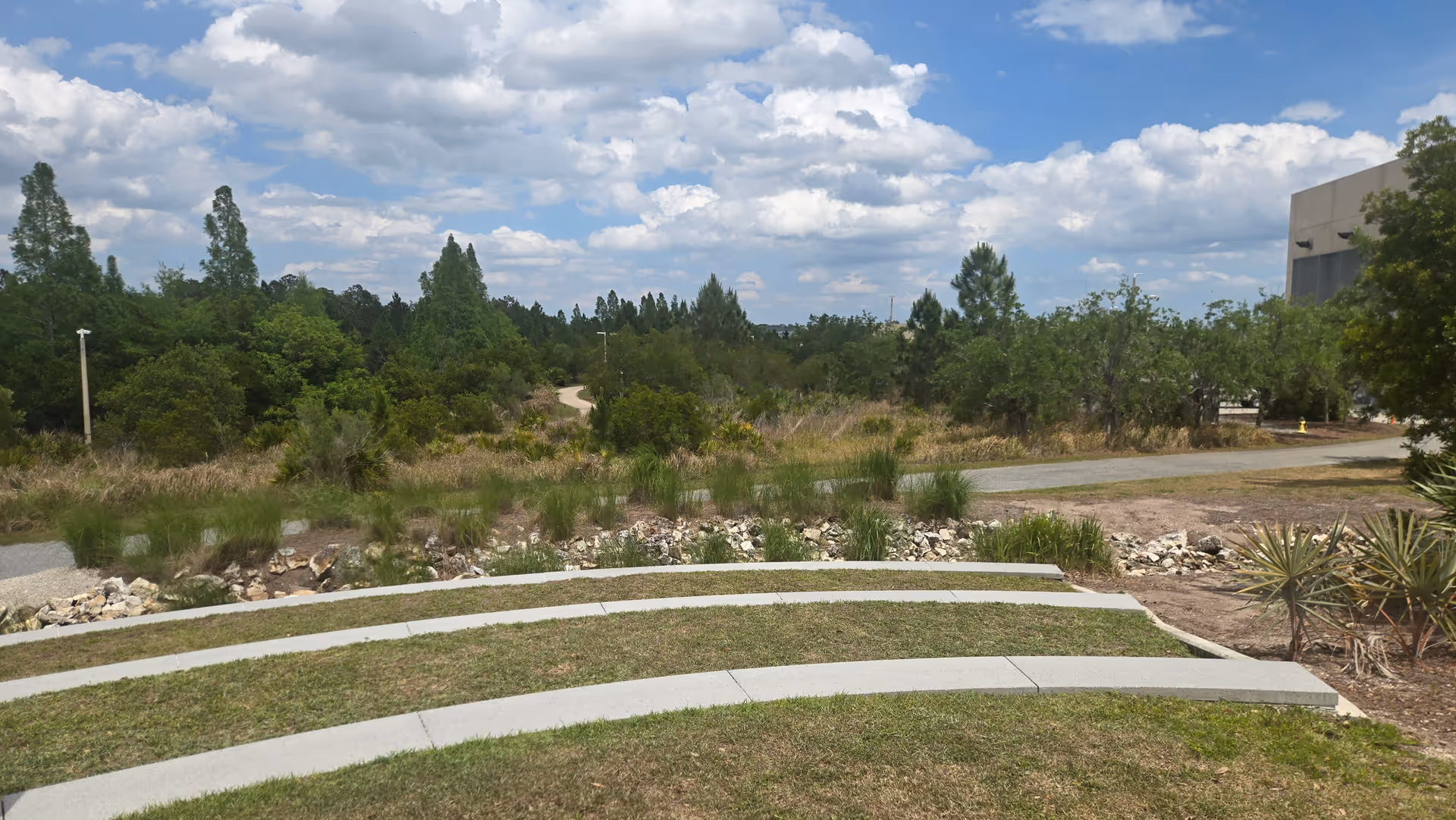 Curved concrete steps ascend a grassy slope with desert plants and a distant building.
