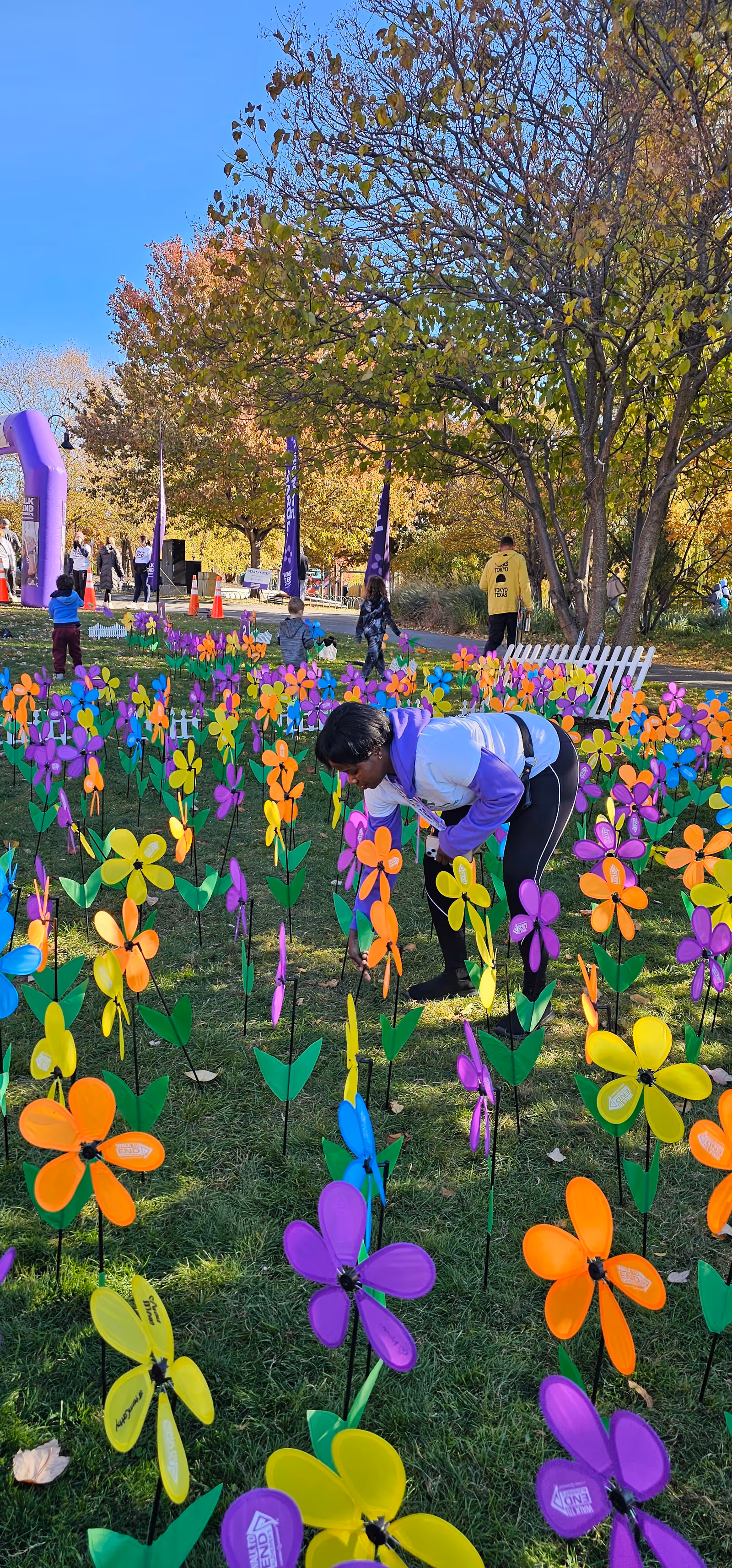Person in purple jacket leans toward colorful pinwheels in an outdoor park area.