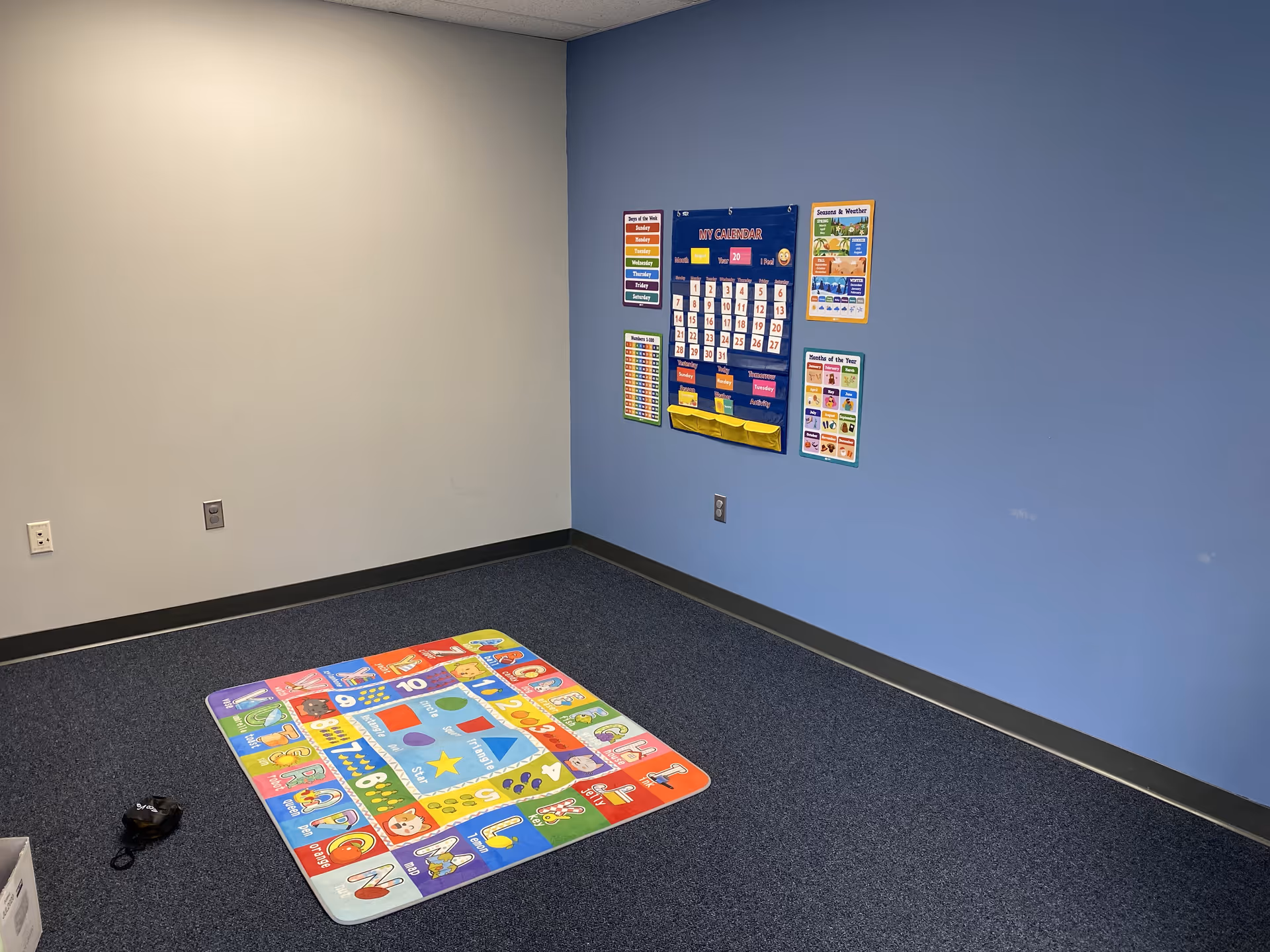 Small therapy room with blue walls, colorful posters, and a vibrant children's rug.
