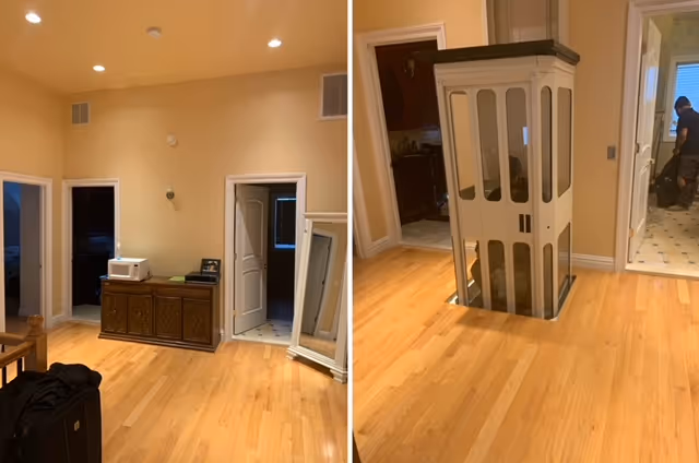 Spacious beige living room with wood floors, a cabinet, and a leaning mirror.