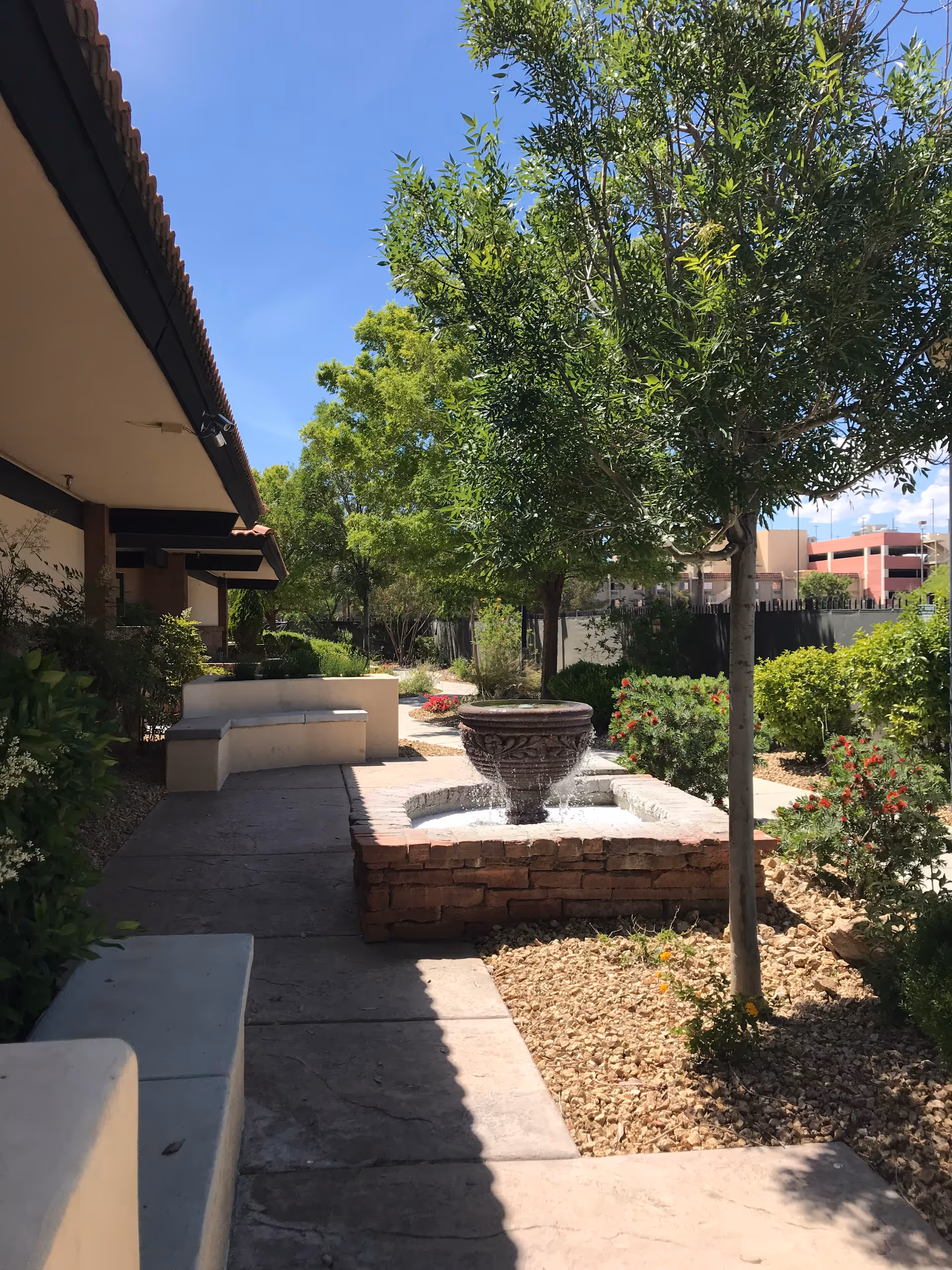 Bright outdoor courtyard features a decorative fountain, trees, benches, and a paved walkway beside a building.