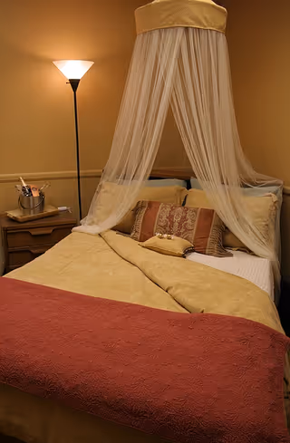 Warm bedroom featuring a canopy bed with sheer drapes and soft lighting.