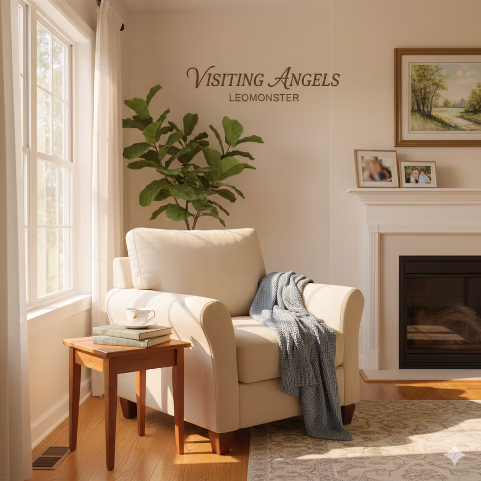 A cozy living room with a cream chair, plant, fireplace, and sunlit window.