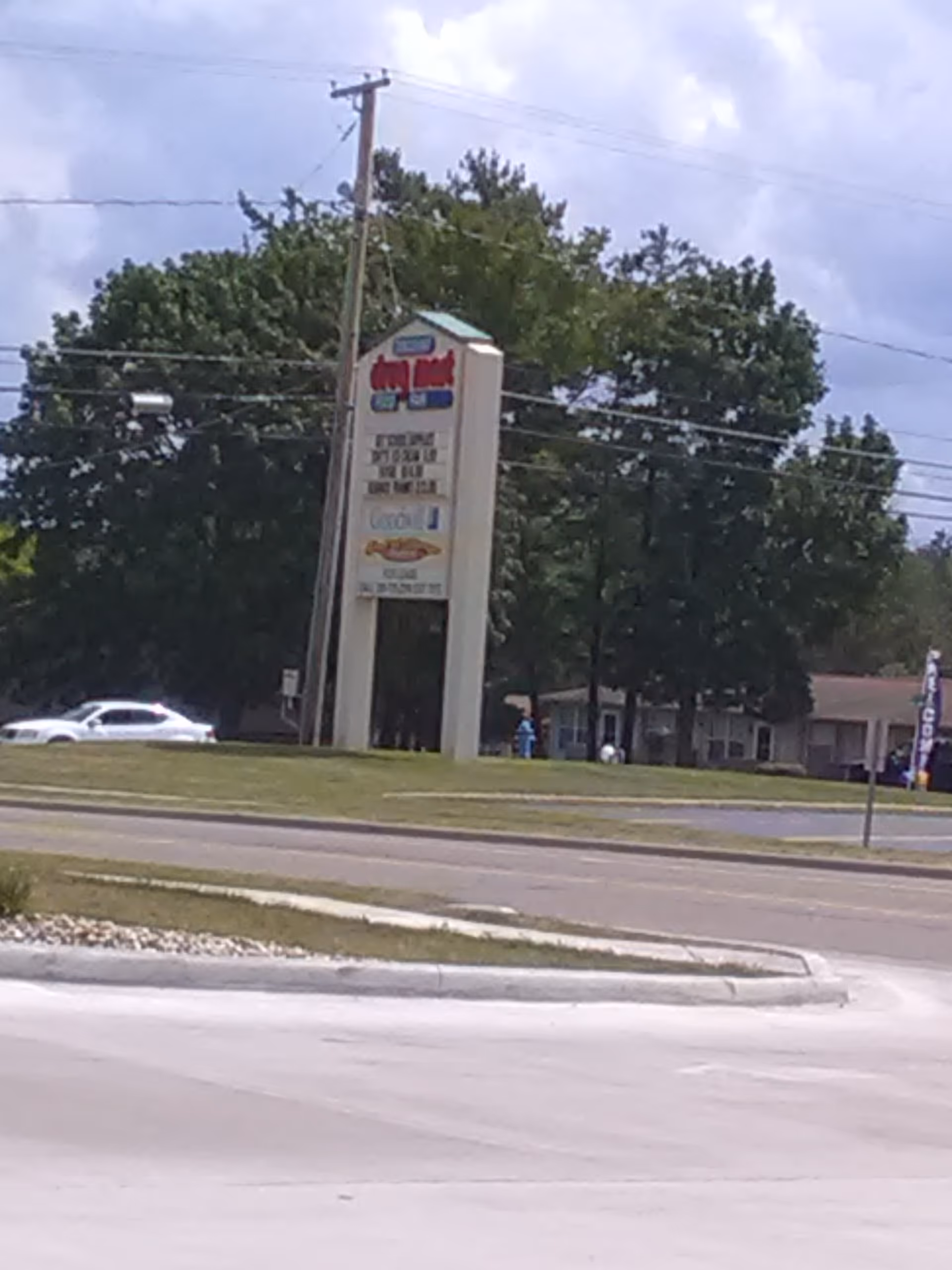 Tall Discount Drug Mart sign and storefront visible along a tree-lined street.
