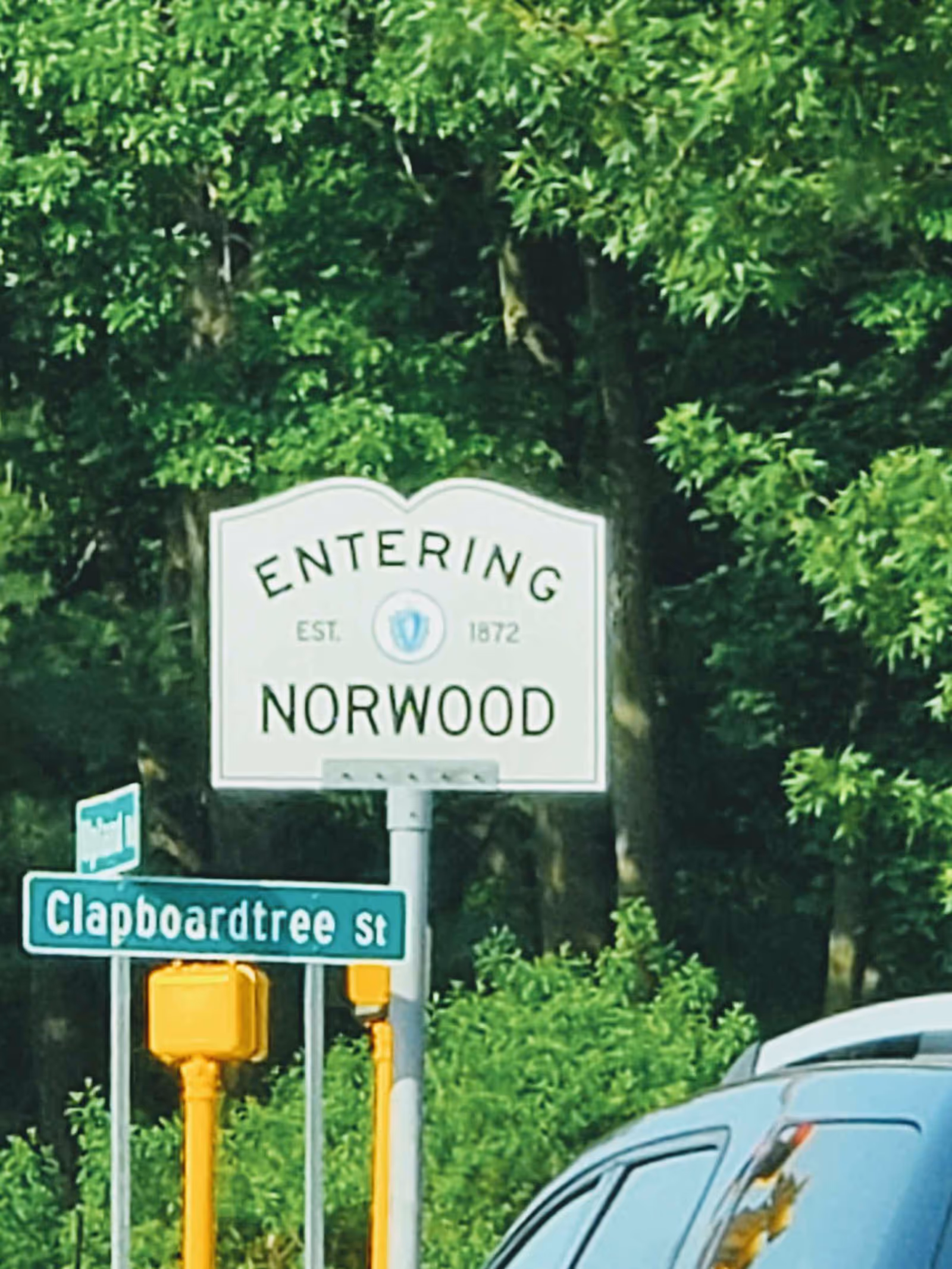 Outdoor street signs read Entering Norwood and Clapboardtree St beside a car.