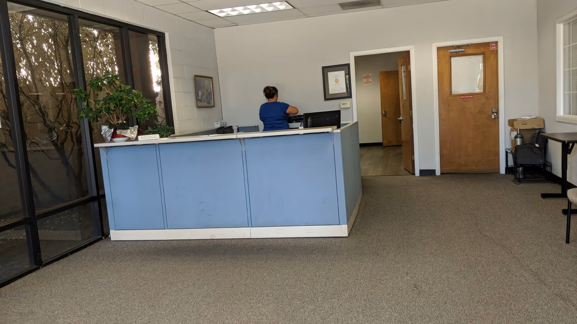 Interior reception area with a blue curved desk, receptionist, glass windows, and back-office doors.