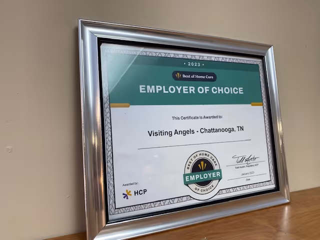 Framed 'Employer of Choice' certificate on a wooden shelf.