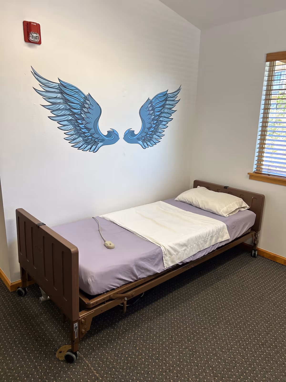 A single adjustable bed in a small bedroom with a blue wing mural.
