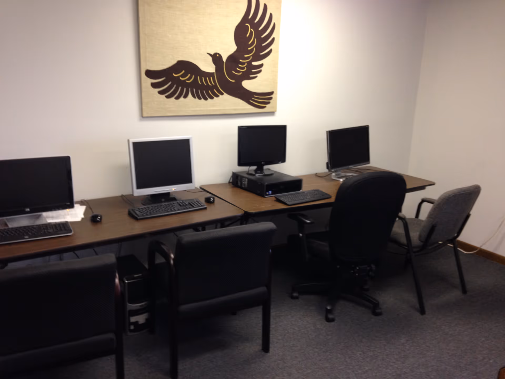 Row of computer workstations along a wall with a bird artwork overhead in a quiet office.