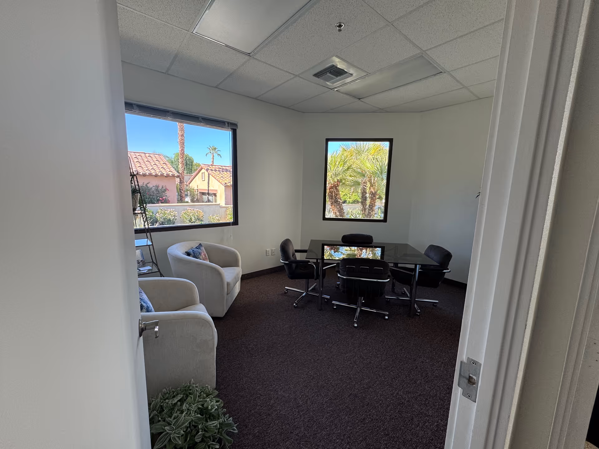 Small conference room with a glass table, black chairs, and windows showing palm trees.