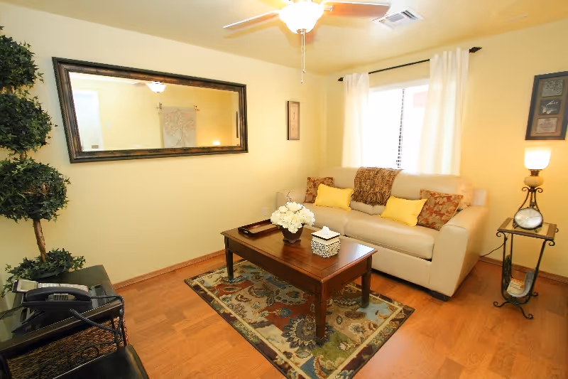 Cozy living room with beige sofa, coffee table, rug, mirror, window curtains, and plants.