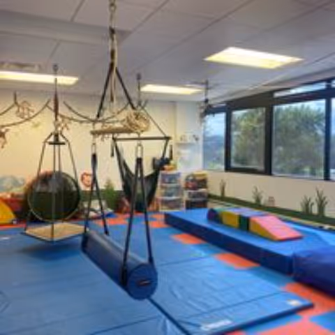 Interior sensory gym with padded flooring, swings, ramps, and a large window.