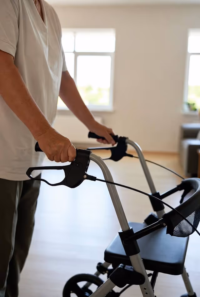 Person uses a walker in a bright, minimally furnished interior like a senior living facility.