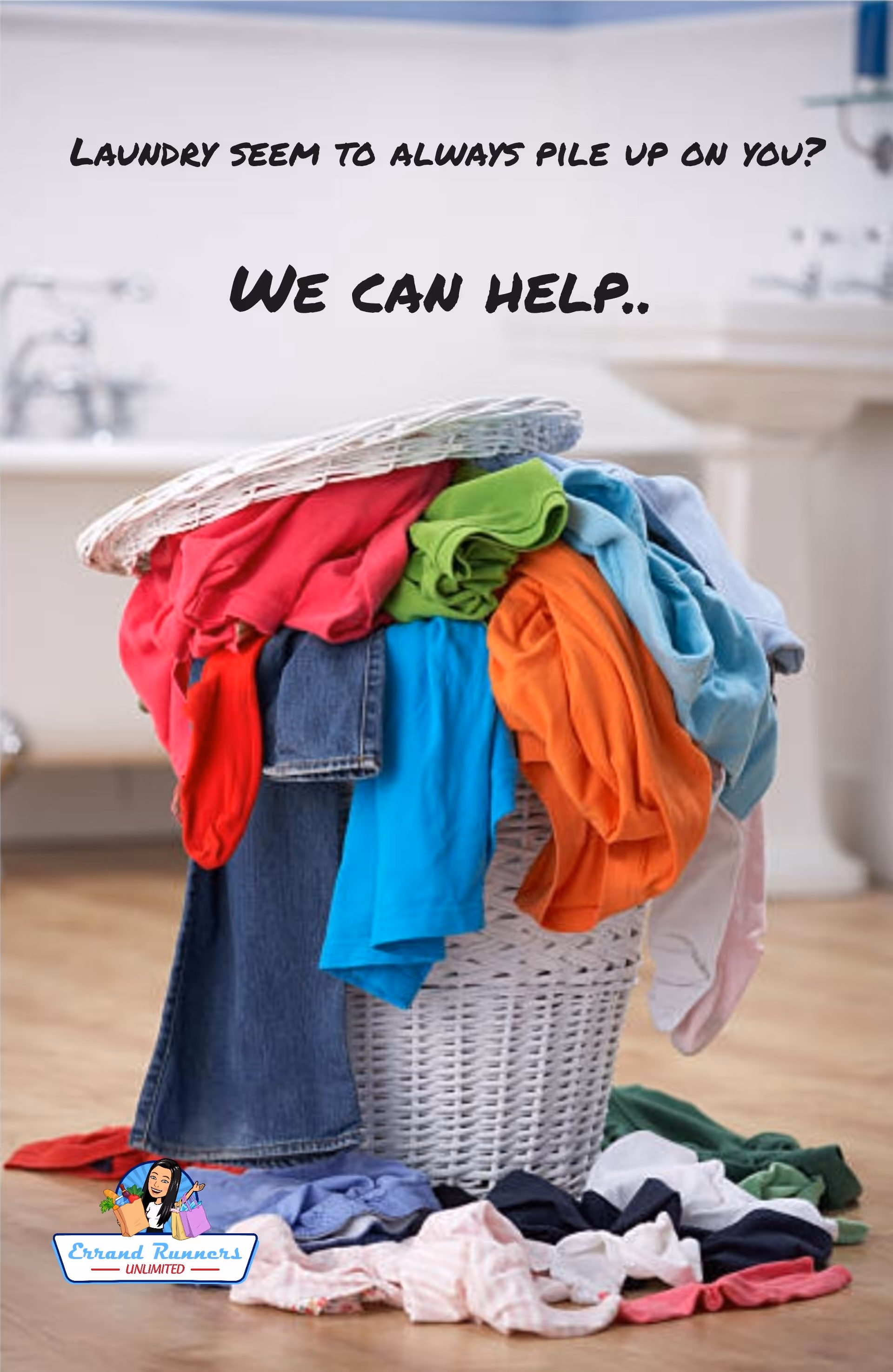 Overflowing laundry basket with colorful clothes in a bright indoor room.