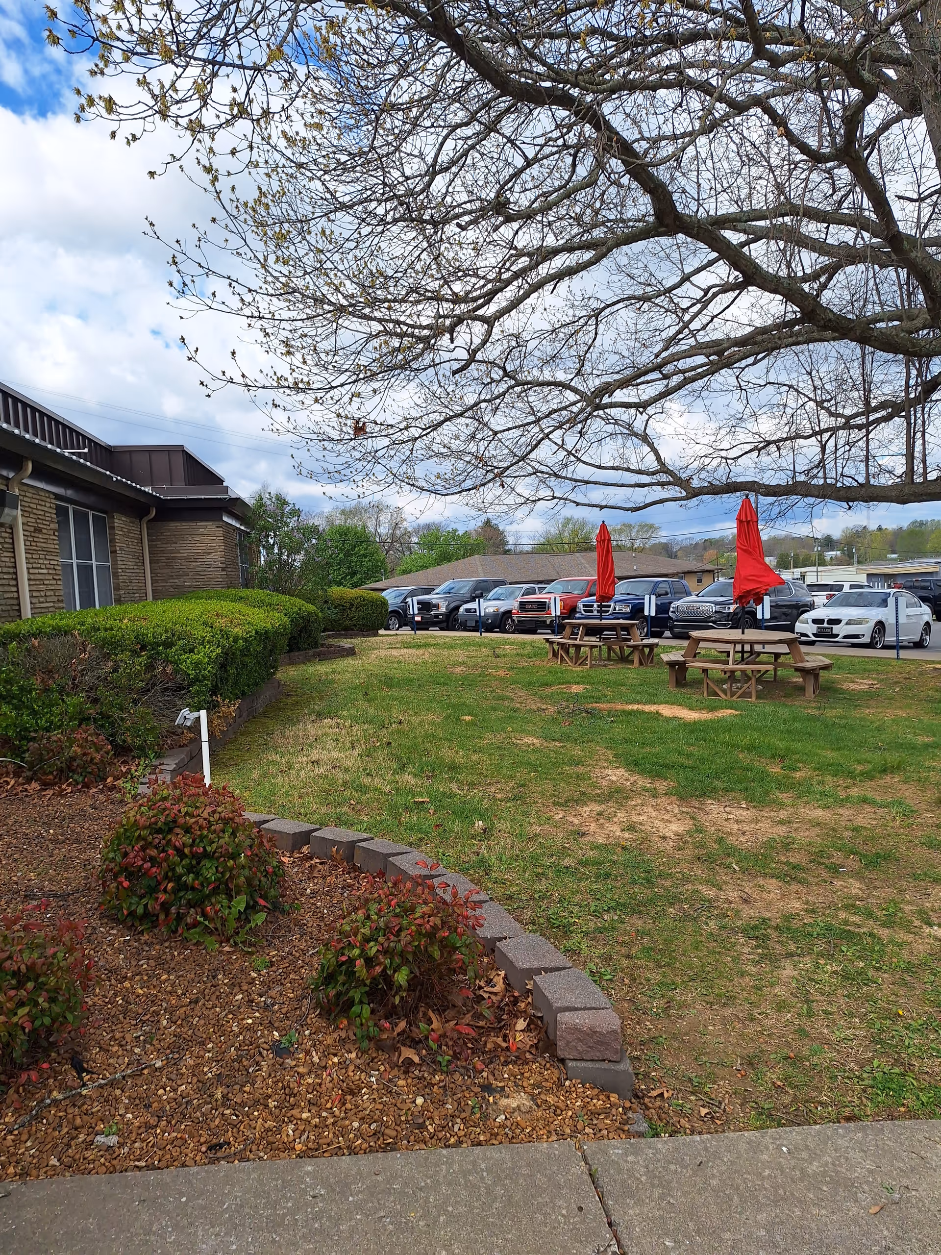 Outdoor lawn area with picnic tables, red umbrellas, and parked cars beside the facility.