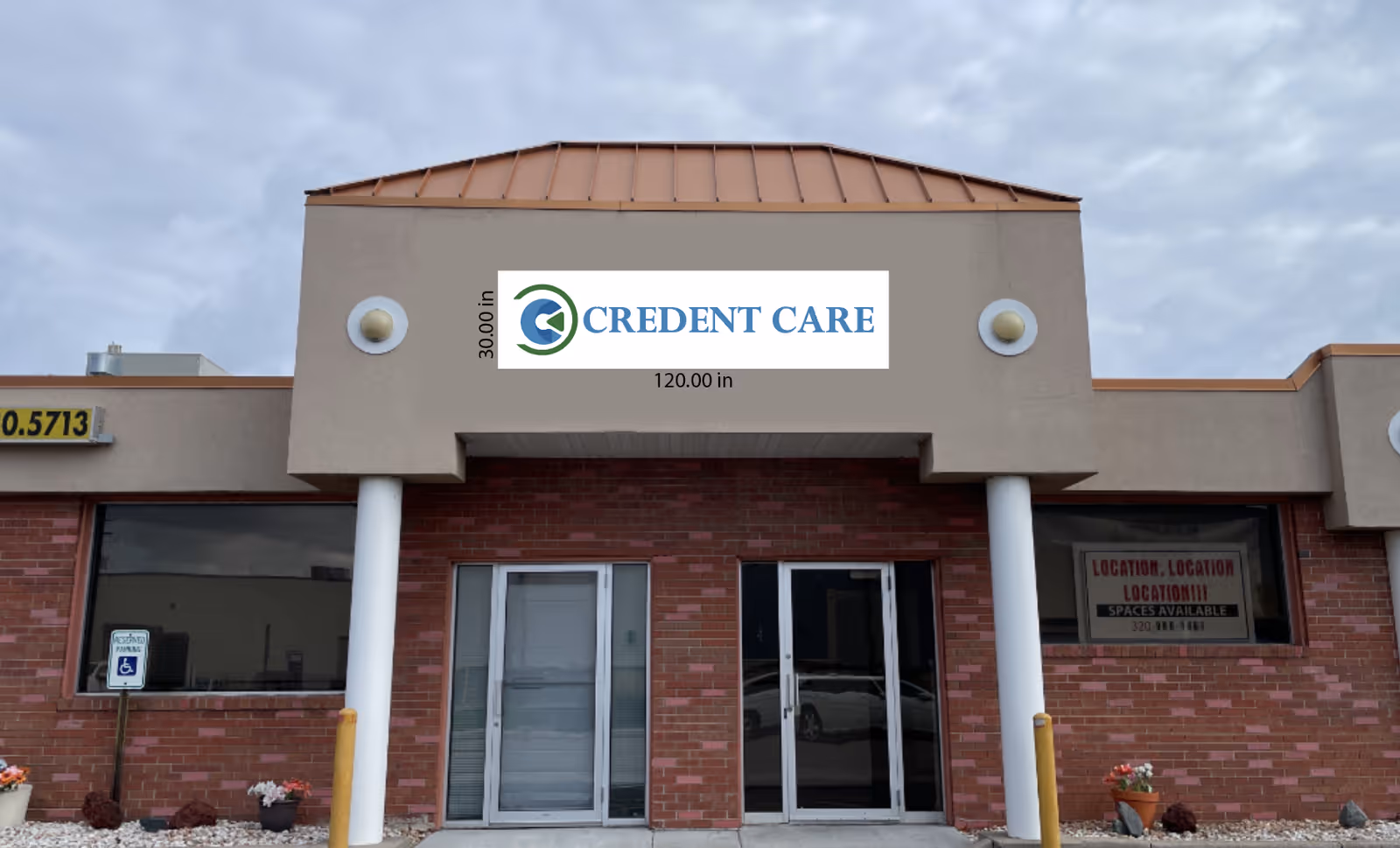 Front view of Credent Care facility with sign, brick facade, and glass doors.