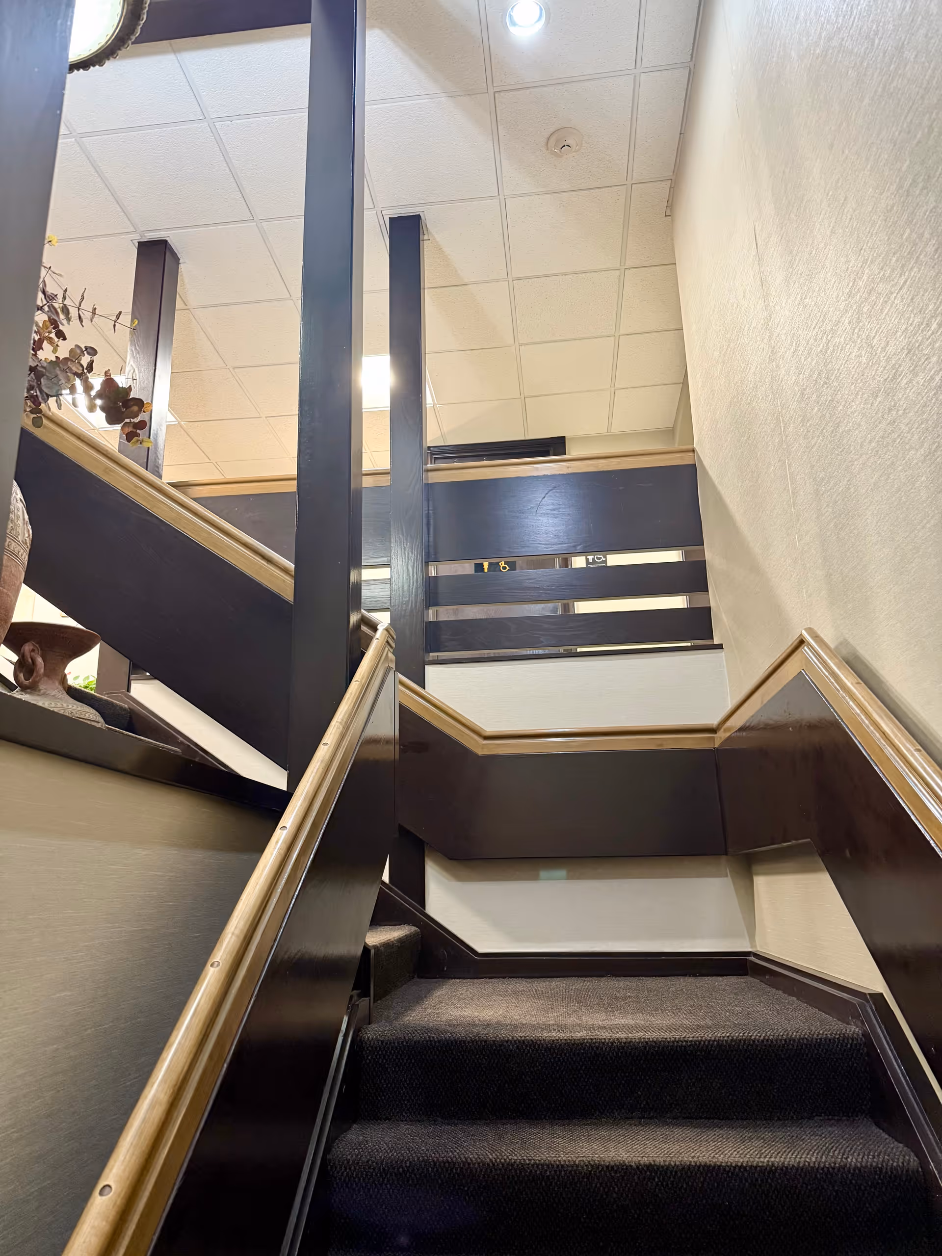 Interior staircase of senior living facility with dark wood rails and carpeted steps.