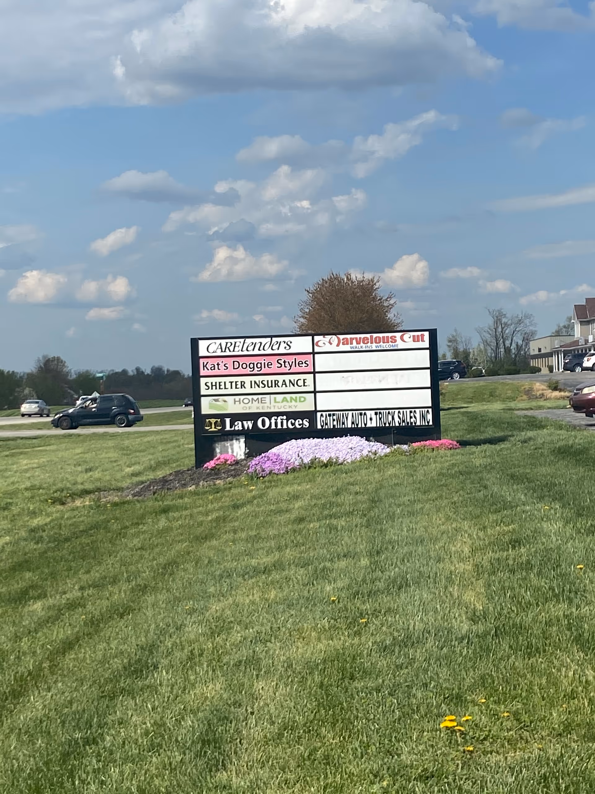 A roadside grassy area with a multi-tenant signboard featuring Caretenders and other businesses.