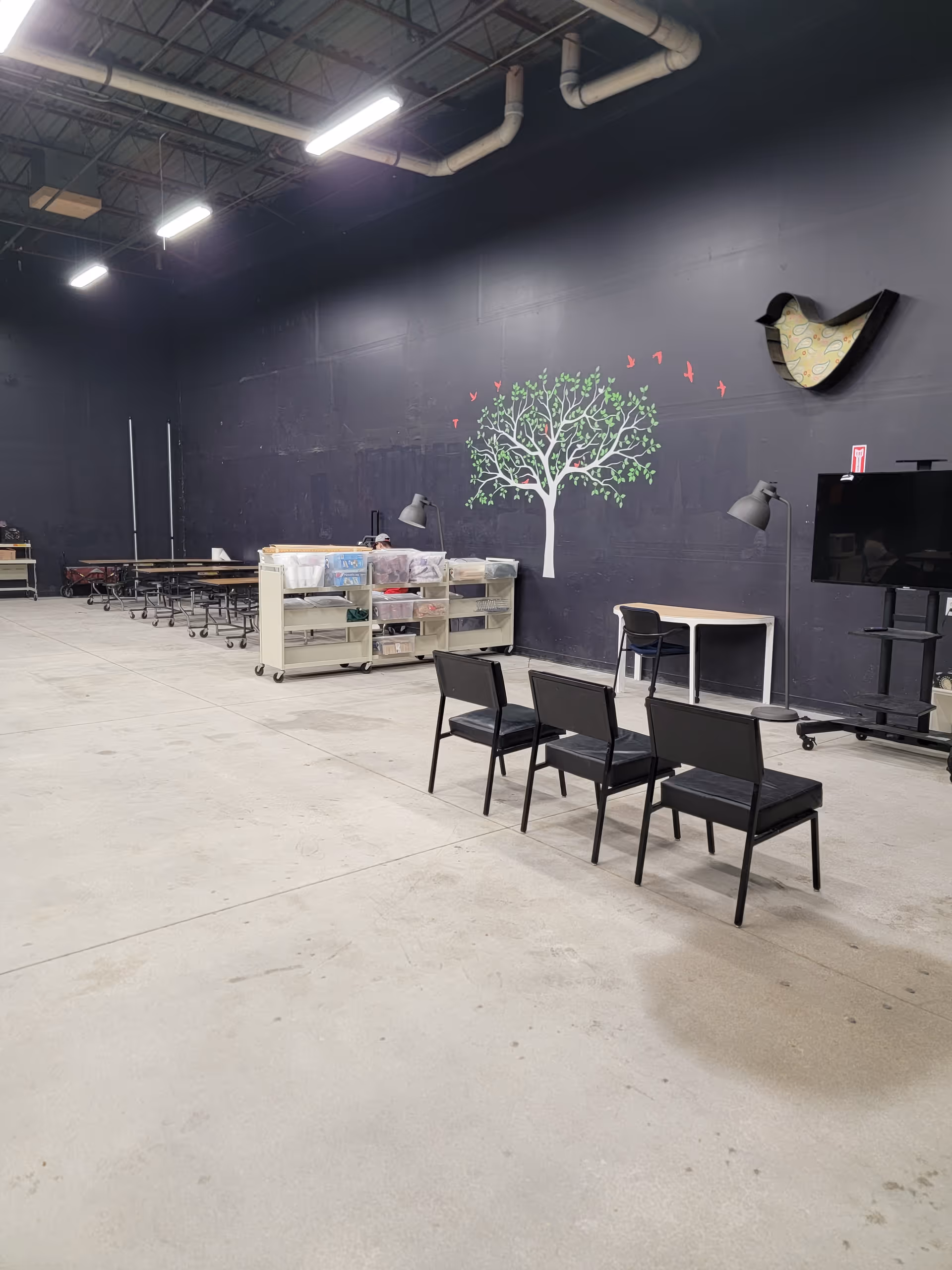 Large indoor room with black chairs, tree mural, and supply carts.