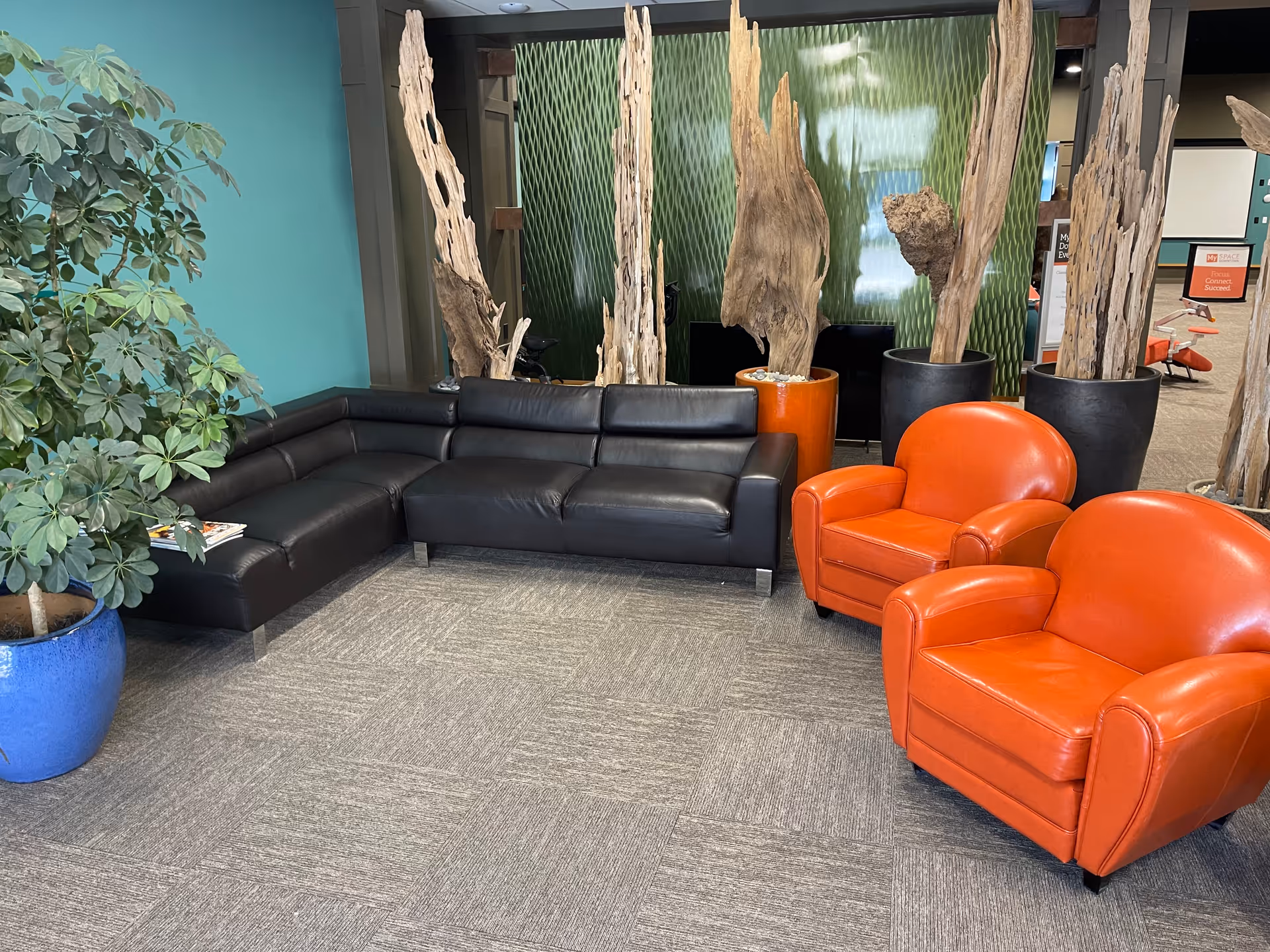 Modern indoor lounge with black sectional, orange chairs, and tall plant decor.