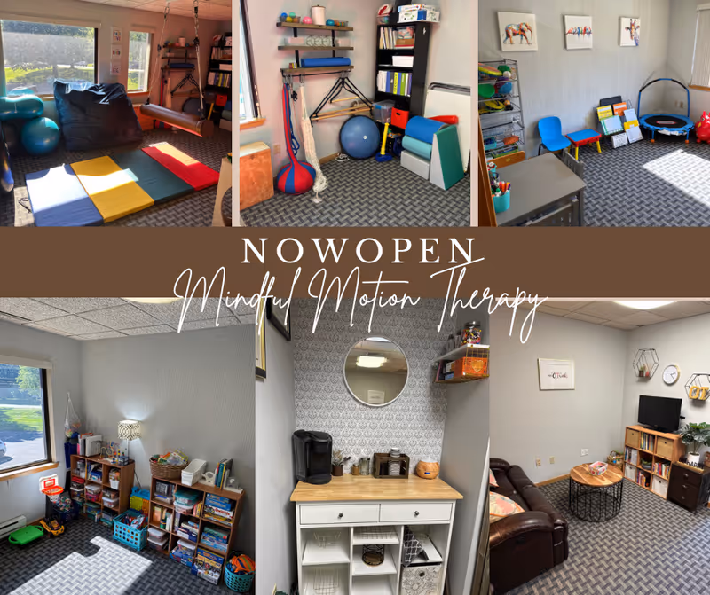 Collage of interior rooms showing therapy equipment, mats, shelves, and a welcome banner.