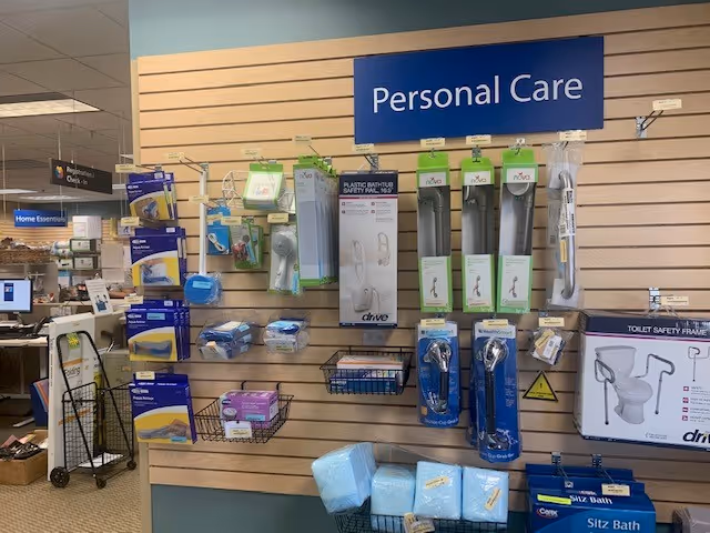 Interior display wall labeled Personal Care showcasing bath safety products and supplies.