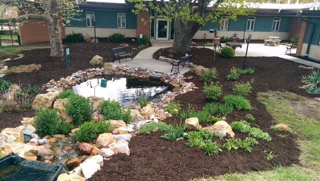 Well-maintained outdoor courtyard with a pond, rocks, greenery, and seating near a care facility.