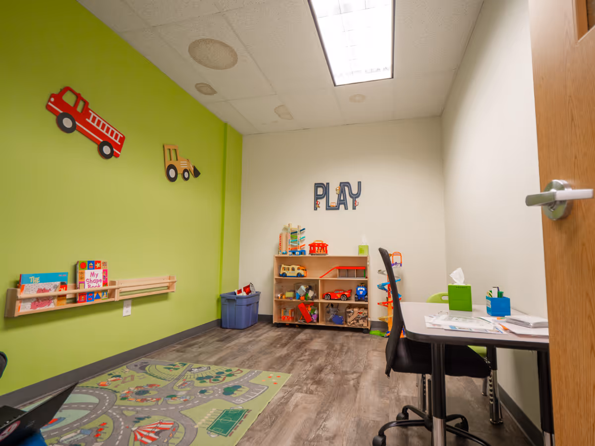Bright senior living playroom with green walls, toy shelves, rug, and a table.