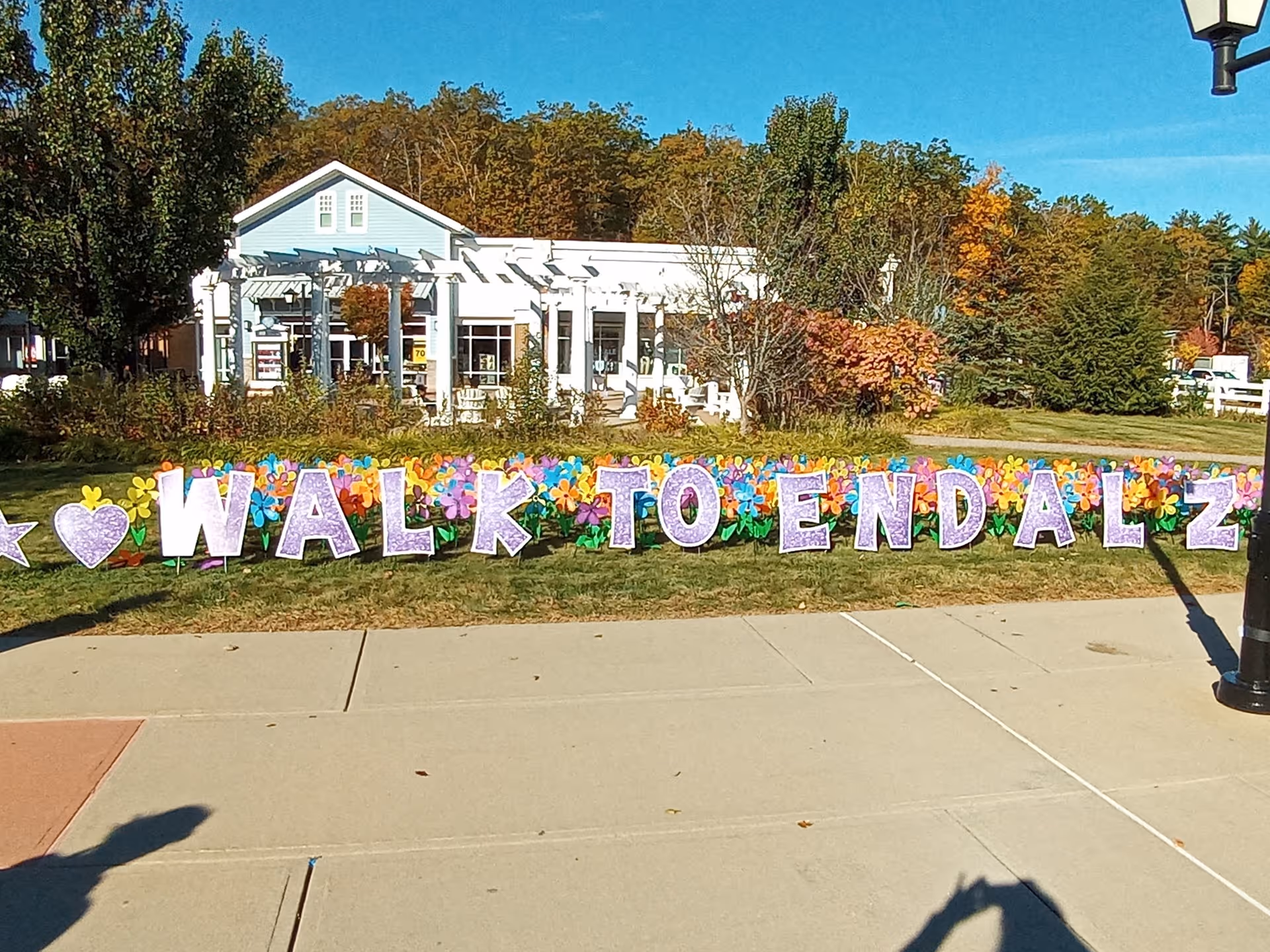 Colorful sign reading 'WALK TO ENDALZ' on a lawn in front of a senior home.