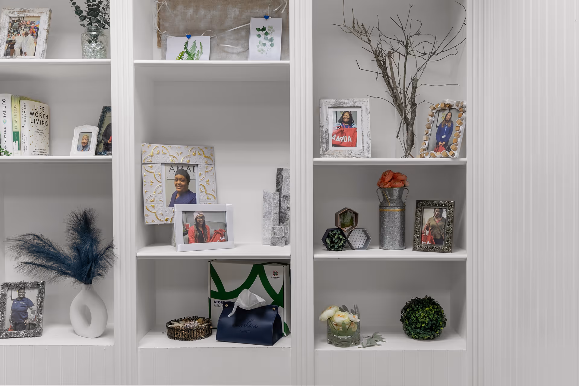 White built-in shelves with framed photos, decor, plants, and a bare branch arrangement.