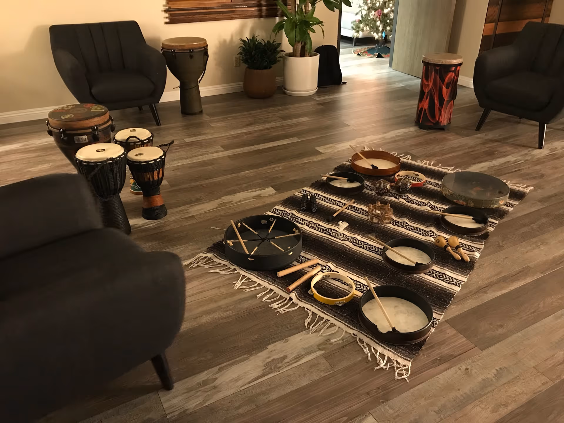Interior living room with assorted percussion instruments arranged on a striped rug.